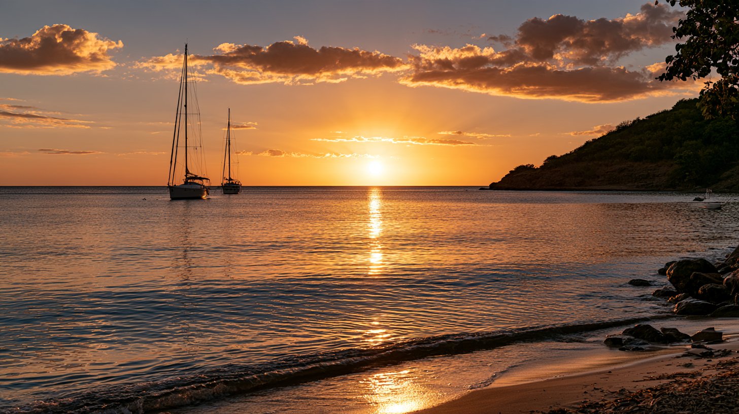 An original illustration of sailboats anchored at sunset in the Caribbean