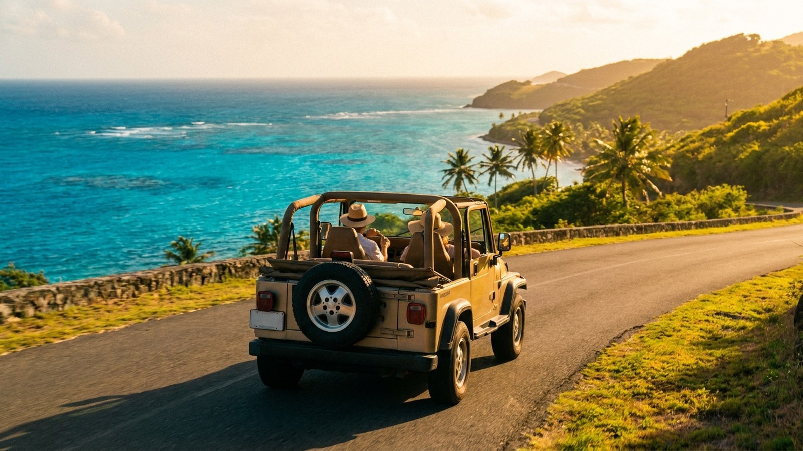A St Croix island road trip -- an open Jeep on a coastal road above a turquoise bay