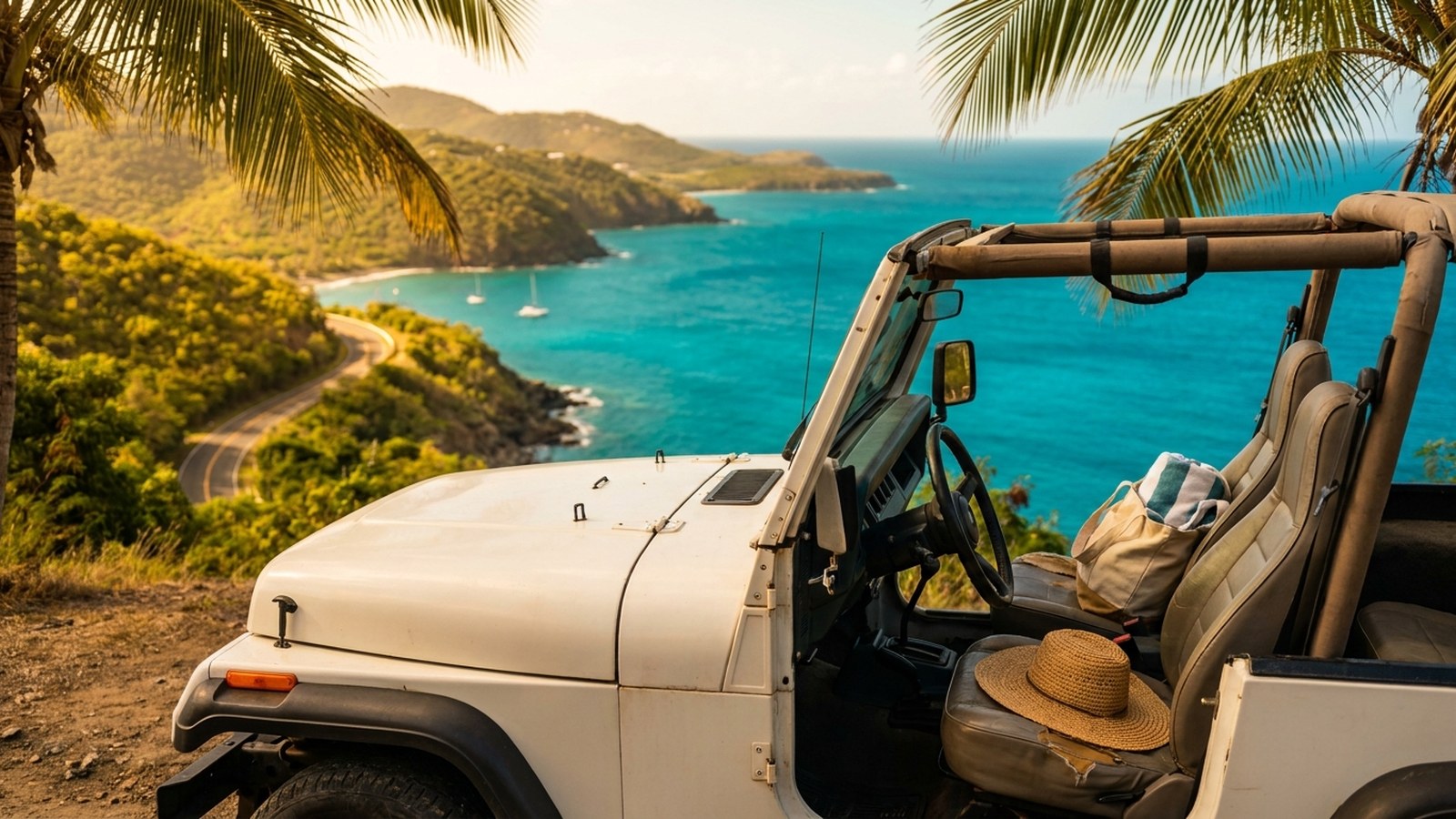 An open Jeep at a St Croix ocean overlook, turquoise cove and green coastline below